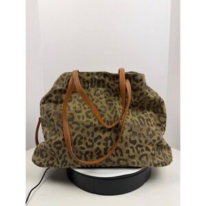 Leopard Print Canvas Tote Bag Tan Leather Straps Zip Top Shoulder Bag Carry On